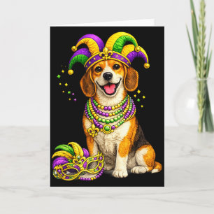 Cartão Cachorro Beagle Fofo com Tema de Mardi Gras 