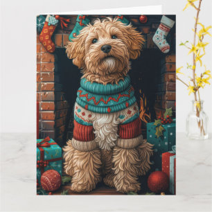 Cartão Cachorro Bernedoodle com Presentes de Natal Lareir