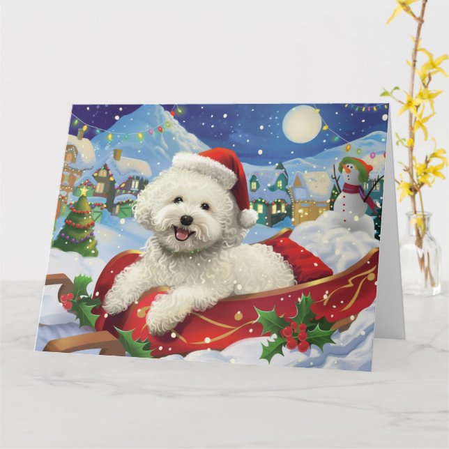 Cartão Cachorro Bichon Frise no Natal de Sleigh Snow (Flor Amarela)