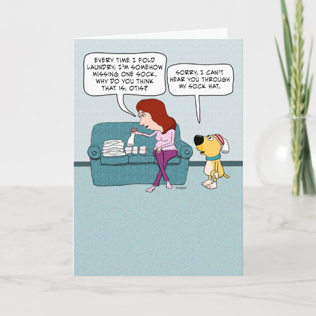 Cartão Cachorro Bonito e Engraçado com Meia-Chapéu Aniver (Frente)