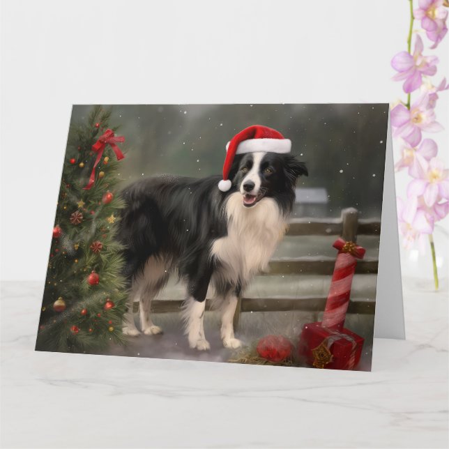 Cartão Cachorro Border Collie na Neve Natal (Orquídea)