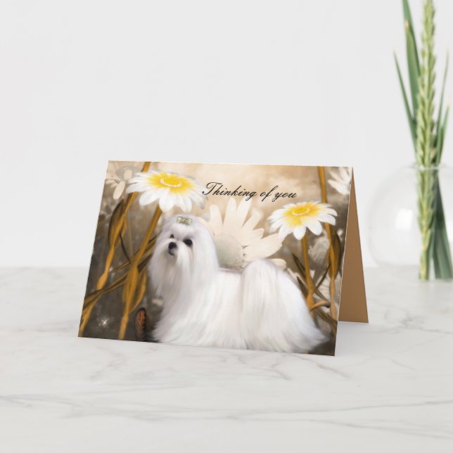 Cartão Cachorro Branco Flores "Pensando em você" (Frente)
