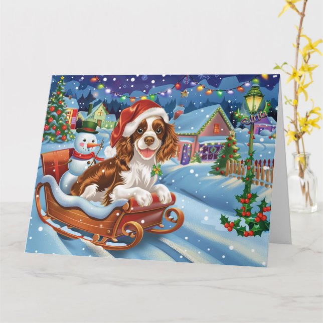 Cartão Cachorro Brittany Spaniel no Natal da Neve de Slei (Flor Amarela)
