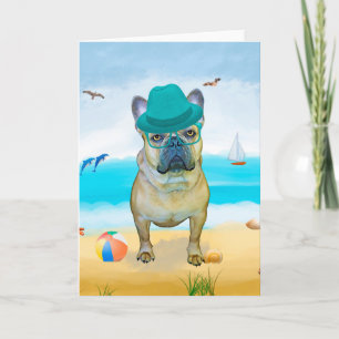 Cartão Cachorro Bulldog Francês na Praia