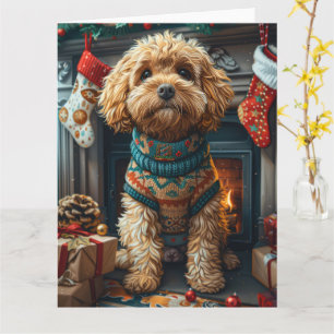 Cartão Cachorro Cockapoo Com Presentes de Natal na Lareir