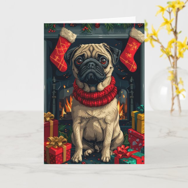 Cartão Cachorro Com Lareira De presentes de Natal (Flor Amarela)