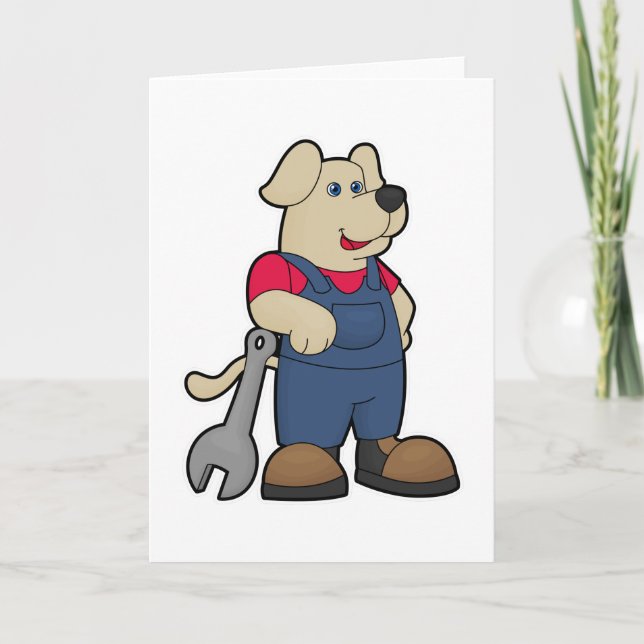Cartão Cachorro como Mecânico com Chave de Grifo (Frente)