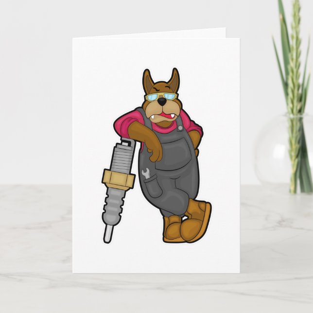 Cartão Cachorro como Mecânico com Vela de Ignição (Frente)
