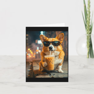 Cartão Cachorro corgi bebendo café gelado meme engraçado