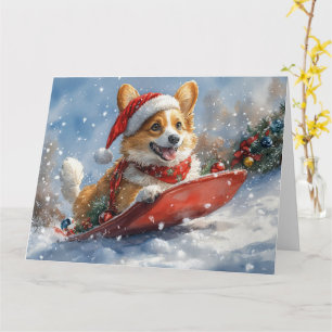 Cartão Cachorro Corgi em Trenó Deixe Nevar Natal