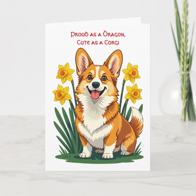 Cartão Cachorro Corgi Fofo Com Narcisos (Frente)
