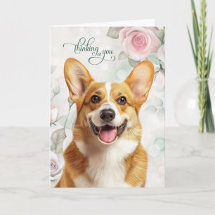 Cartão Cachorro Corgi Galês e Rosas Cor-de-Rosa Pensando