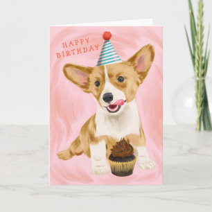 Cartão Cachorro Corgi Gelado com Aniversário do Cupcake