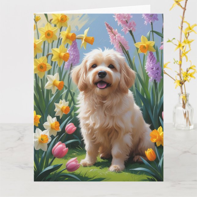 Cartão Cachorro Coton De Tulear Pintura de Flores da Prim (Flor Amarela)