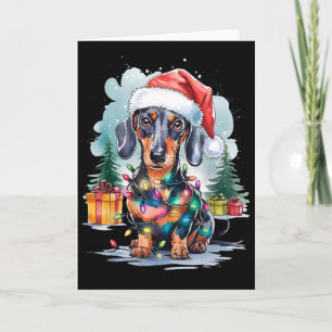 Cartão Cachorro Dachshund Chapéu de Papai Noel Luzes de N