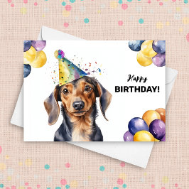 Cartão Cachorro Dachshund com Balões e Chapéu do Partido