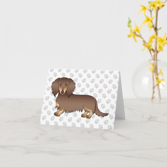 Cartão Cachorro Dachshund de Cabelo Longo Chocolate e Beg (Flor Amarela)