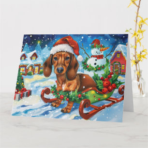 Cartão Cachorro Dachshund em Trineo Neve Natal