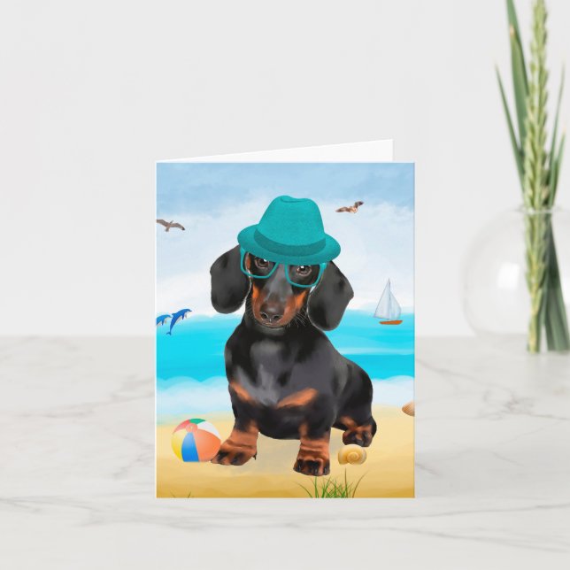 Cartão Cachorro Dachshund na Praia (Frente)