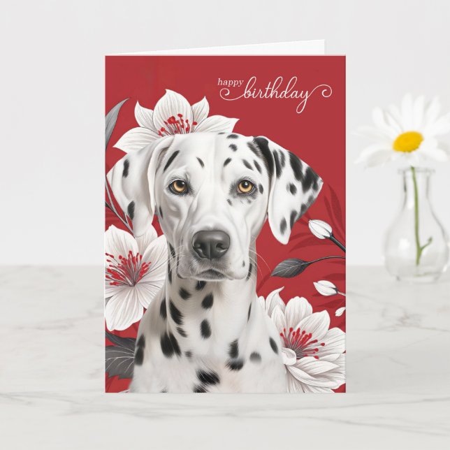 Cartão Cachorro Dalmata com Lírios Brancos em Aniversário (Planta pequena)