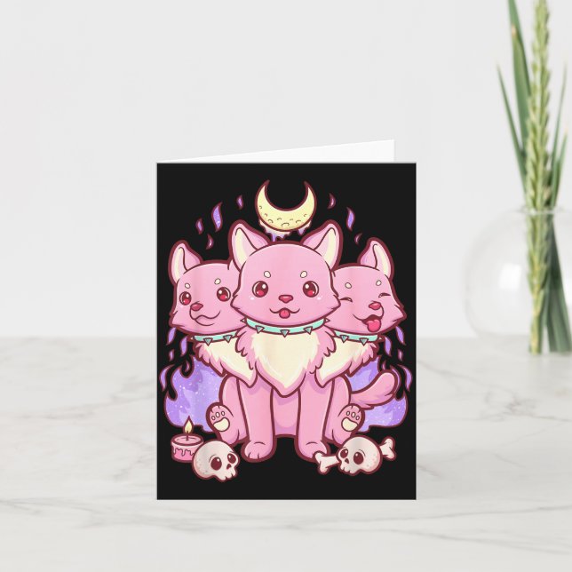 Cartão Cachorro de 3 Cabeças Kawaii Pastel Goth Fofo Y (Frente)