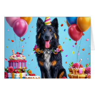 Cartão Cachorro de aniversário com bolo e balões