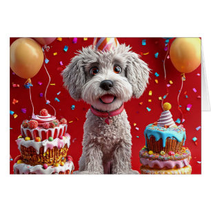 Cartão Cachorro de aniversário com bolo e balões