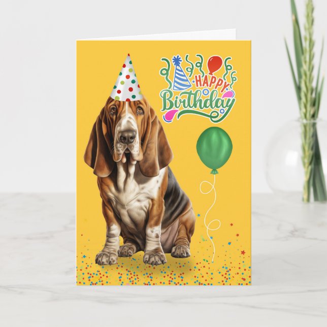 Cartão Cachorro de Caça-Basset em um Festa-Chapéu (Frente)