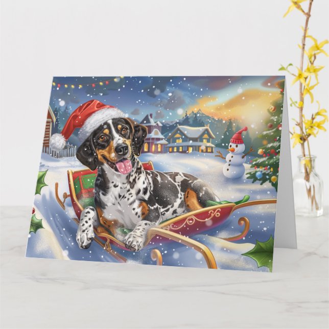 Cartão Cachorro de Cachorro Bluetick em Sleigh Snow no Na (Flor Amarela)