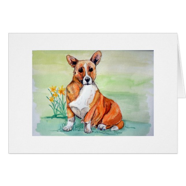 Cartão Cachorro de Corgi Galês Cachado com Daffodils (Frente Horizontal)