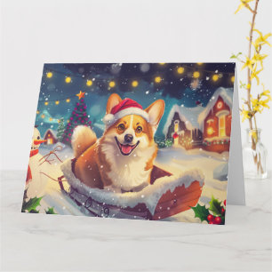 Cartão Cachorro de Corgi no Natal da Neve de Sleigh