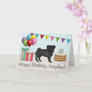 Cartão Cachorro de desenho animado fofo Pug preto Anivers
