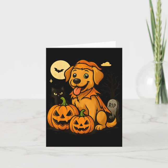 Cartão Cachorro de Halloween Fofo Com Abóboras e Gato Pre (Frente)