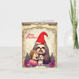 Cartão Cachorro De Lhasa Apsa Com Menininha De Xmas