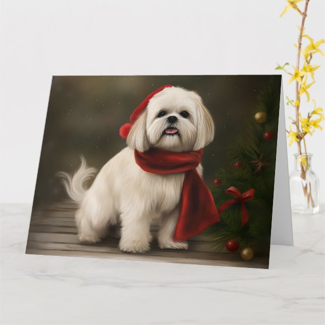 Cartão Cachorro de Lhasa Apso no Natal da Neve (Flor Amarela)