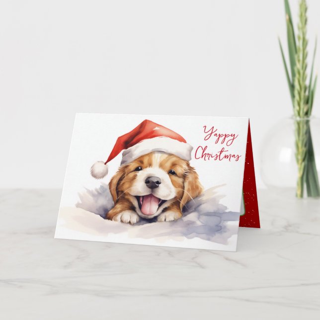 Cartão Cachorro de Natal Aquarela Com Chapéu (Frente)