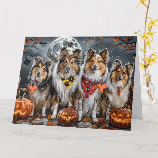 Cartão Cachorro de Pastoreio Shetland Halloween Assustado (Flor Amarela)