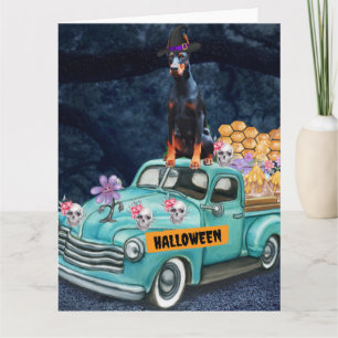 Cartão Cachorro Doberman Caminhão de Halloween Noite Assu