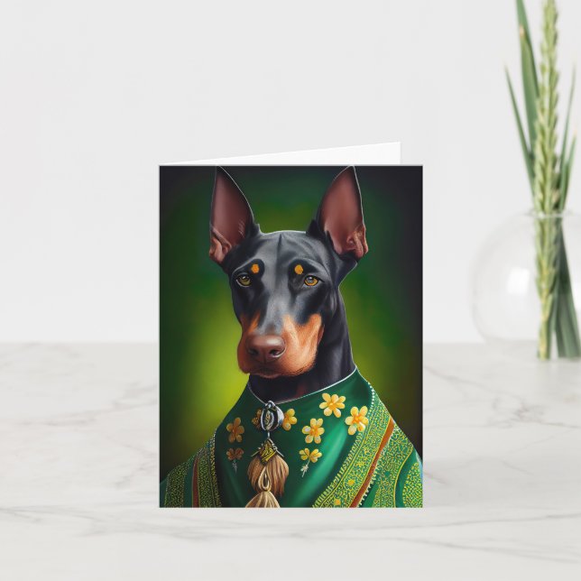 Cartão Cachorro Doberman com Roupa do Dia de São Patrício (Frente)