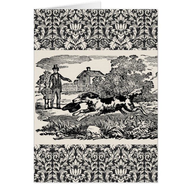 Cartão Cachorro executando ilustração vitoriana antiga de (Frente)
