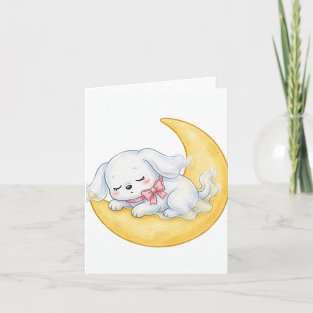 Cartão Cachorro Fantasma Adormecido Laço Rosa Lua Crescen (Frente)