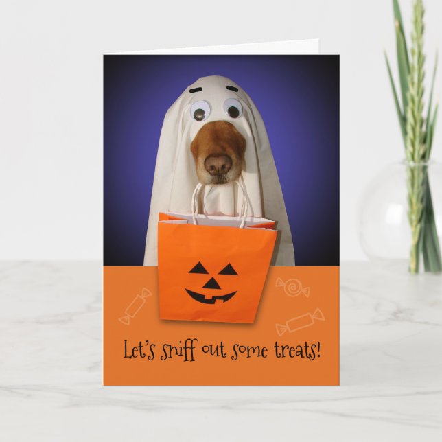 Cartão Cachorro Fantasma Halloween, Cheire Os Tratamentos (Frente)