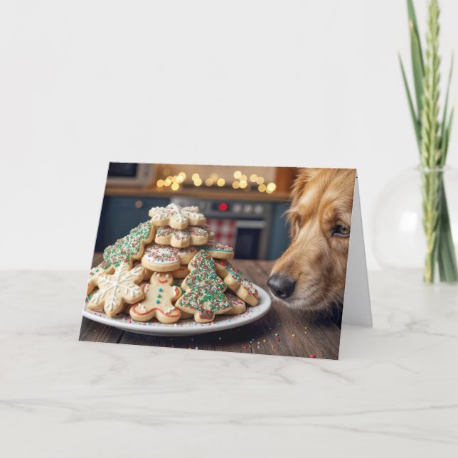 Cartão Cachorro Farejando Biscoitos de Natal com Açúcar (Frente)