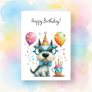 Cartão Cachorro Fofo de Óculos e Chapéu de Aniversário