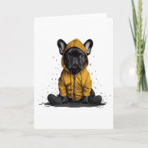 Cachorro francês bonito Vestindo capa-de-chuva