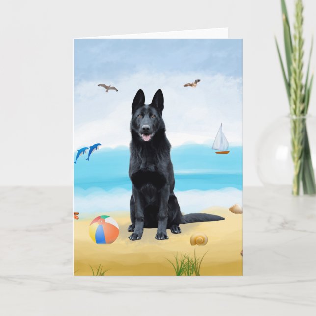 Cartão Cachorro German shepherd Negro na praia (Frente)