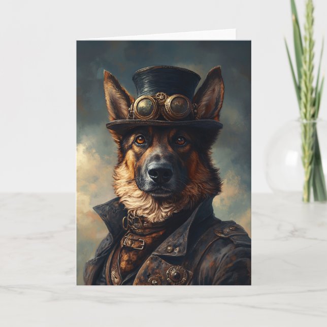 Cartão Cachorro German shepherd Steampunk no Chapéu Super (Frente)