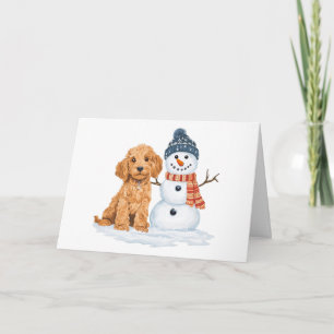 Cartão Cachorro Goldendoodle de Inverno Boneco de Neve Fo