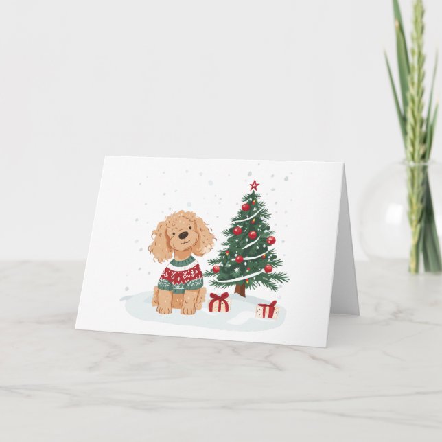 Cartão Cachorro Goldendoodle de Natal (Frente)