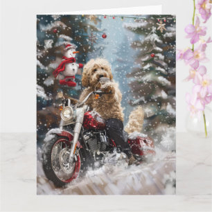 Cartão Cachorro Goldendoodle Pilotando Moto Natal